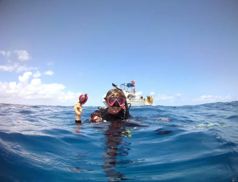 two men diving in the ocean, just below the surface